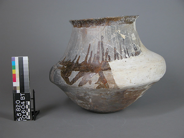 This white plaster fill was made by a restorer at some point in the early 20th century. The shape of the fill does not integrate well with the original pot. Today, such fills are unacceptable in a research collection as they require too much guesswork about the precise shape of the missing section of the original pot. In addition, fills hide the broken sherd edges that can offer important information about firing condition, temper types, clay sources, and more.