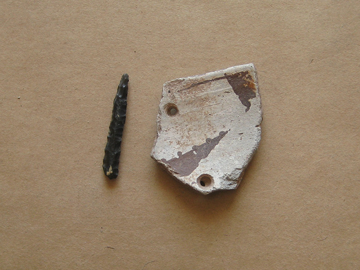 Stone drill and pottery sherd with hole drilled through it (ARC# 40905).
